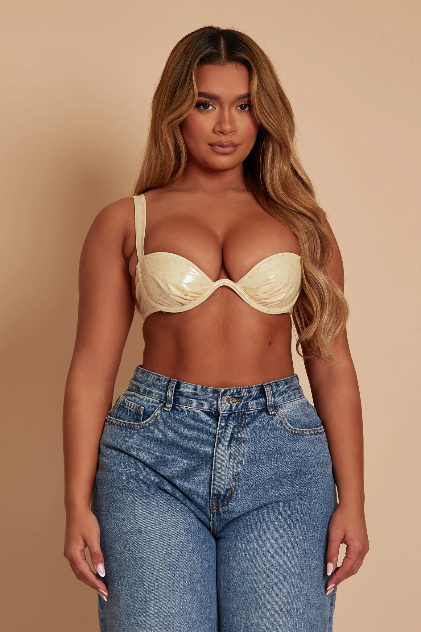 Pastel Yellow PU Floral Bra - Image 2