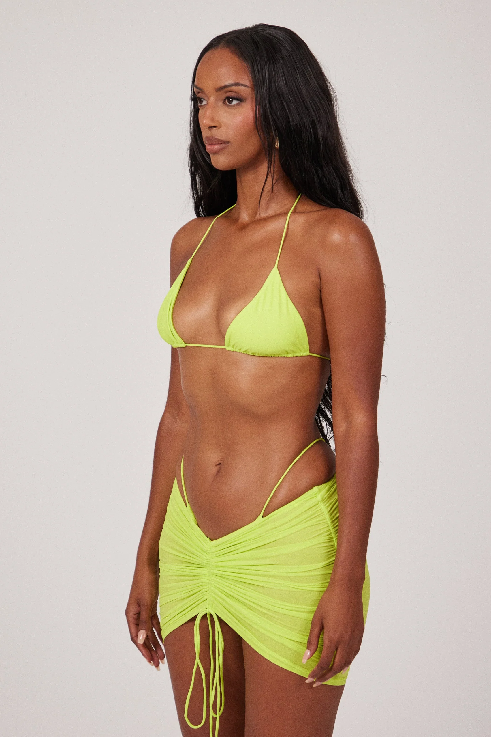 Mesh Ruched Coverup Skirt in Lime - Image 2