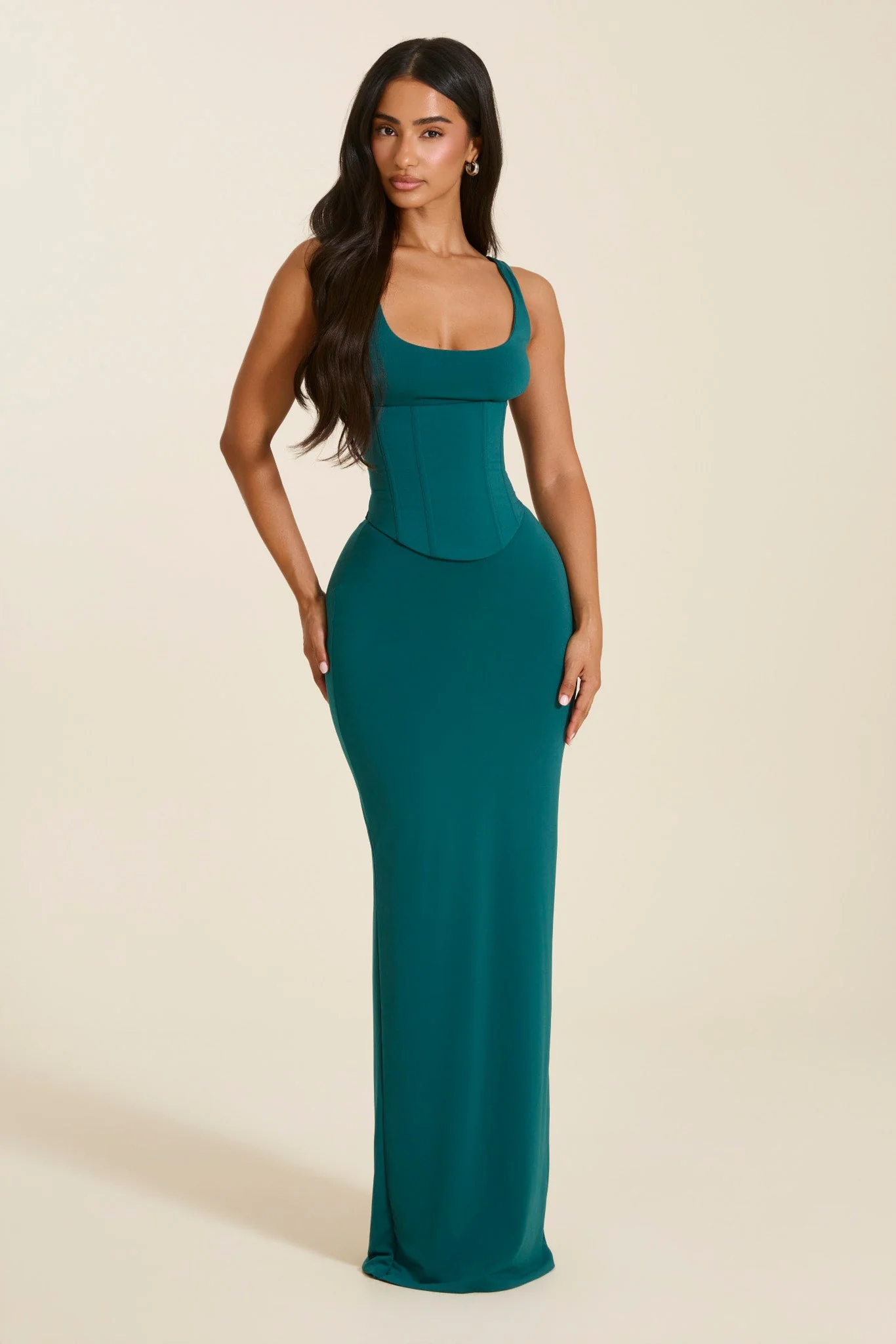 The Sandra Scoop Corset Maxi Dress in Teal - Image 3