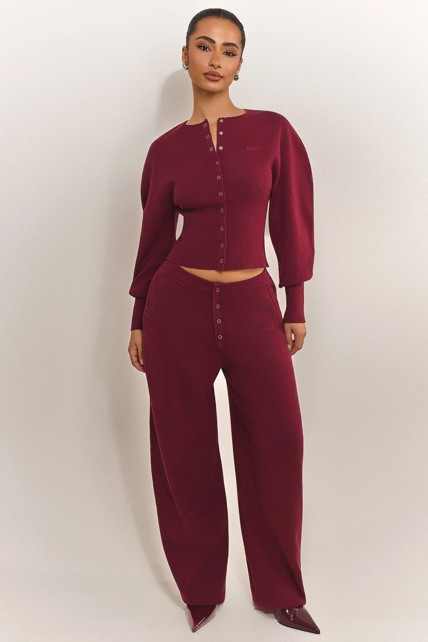 The Knit Button Up Joggers in Burgundy - Image 2
