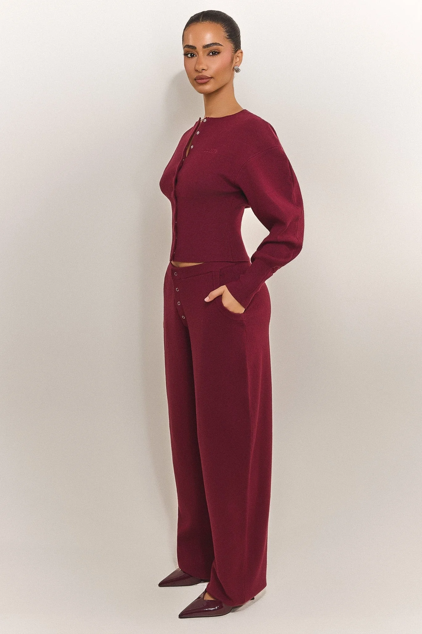 The Knit Button Up Joggers in Burgundy - Image 3