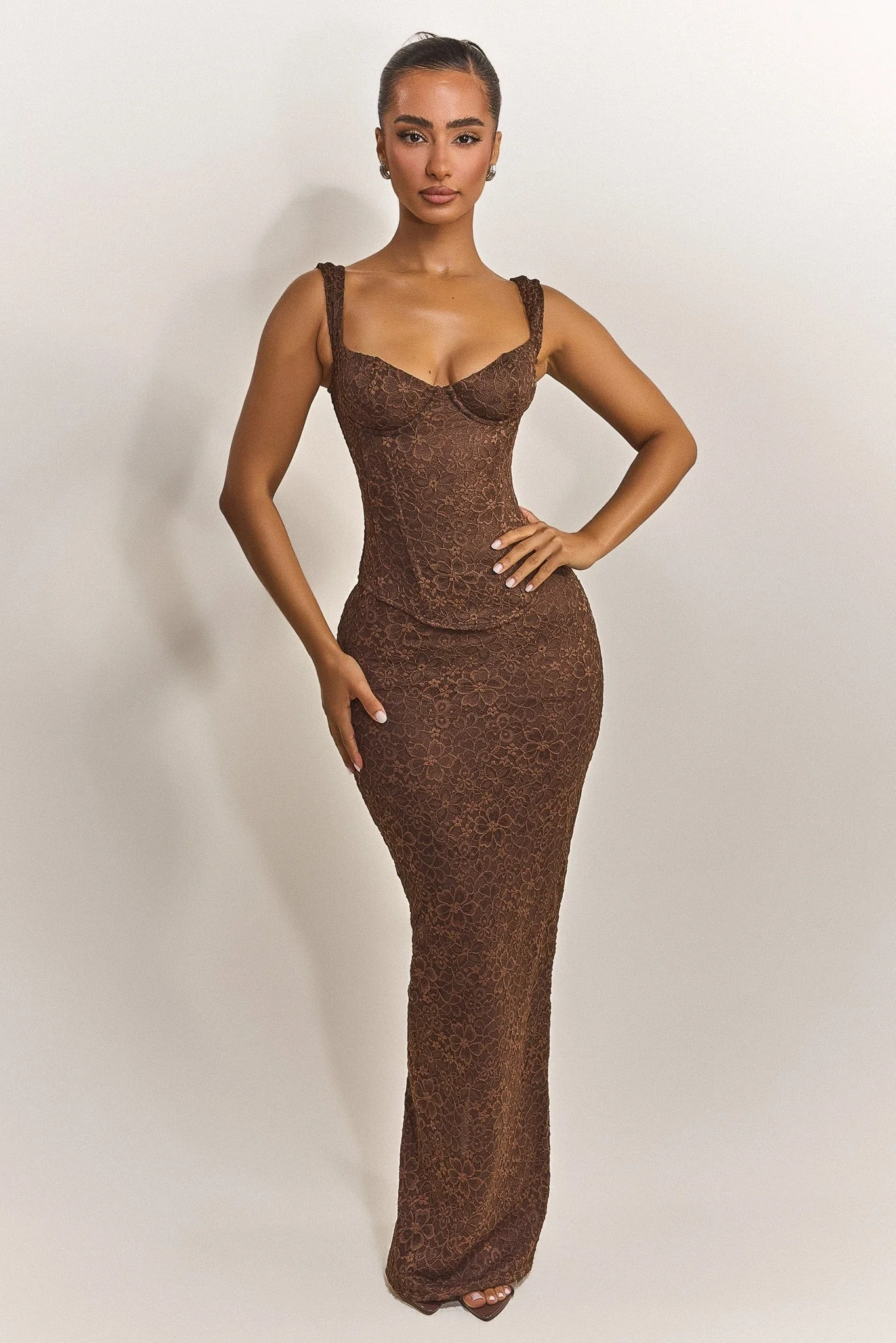 The Cinched Lace Maxi Skirt in Brown