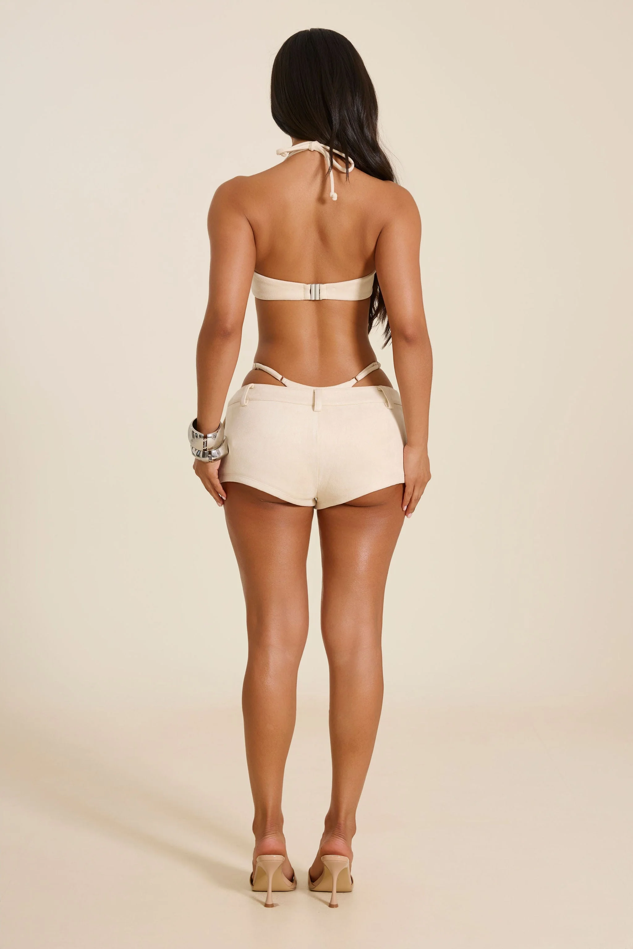 The Elinor Faux Suede Mini Shorts in Stone - Image 3