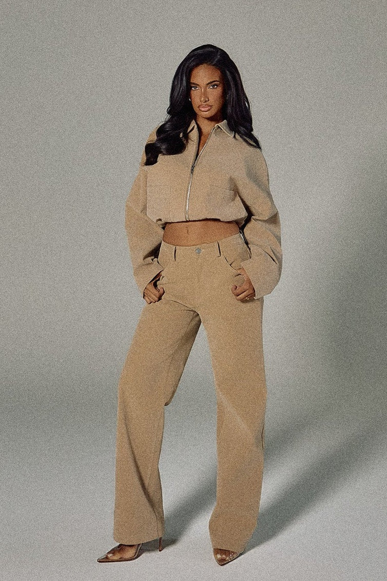 The Isla Faux Suede Straight Leg Trousers in Beige - Image 6