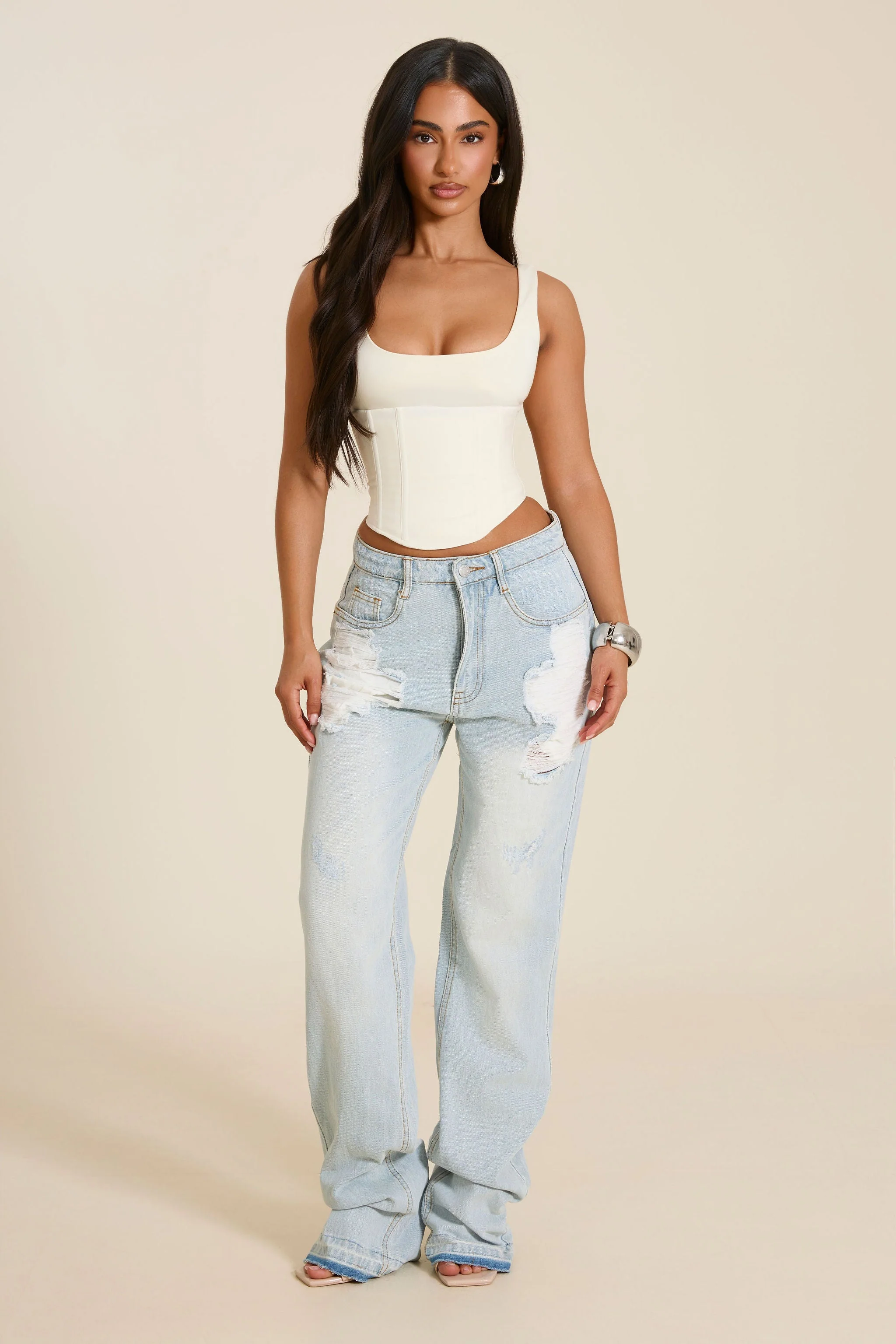 The Sandra Scoop Corset Vest Top in Cream - Image 2