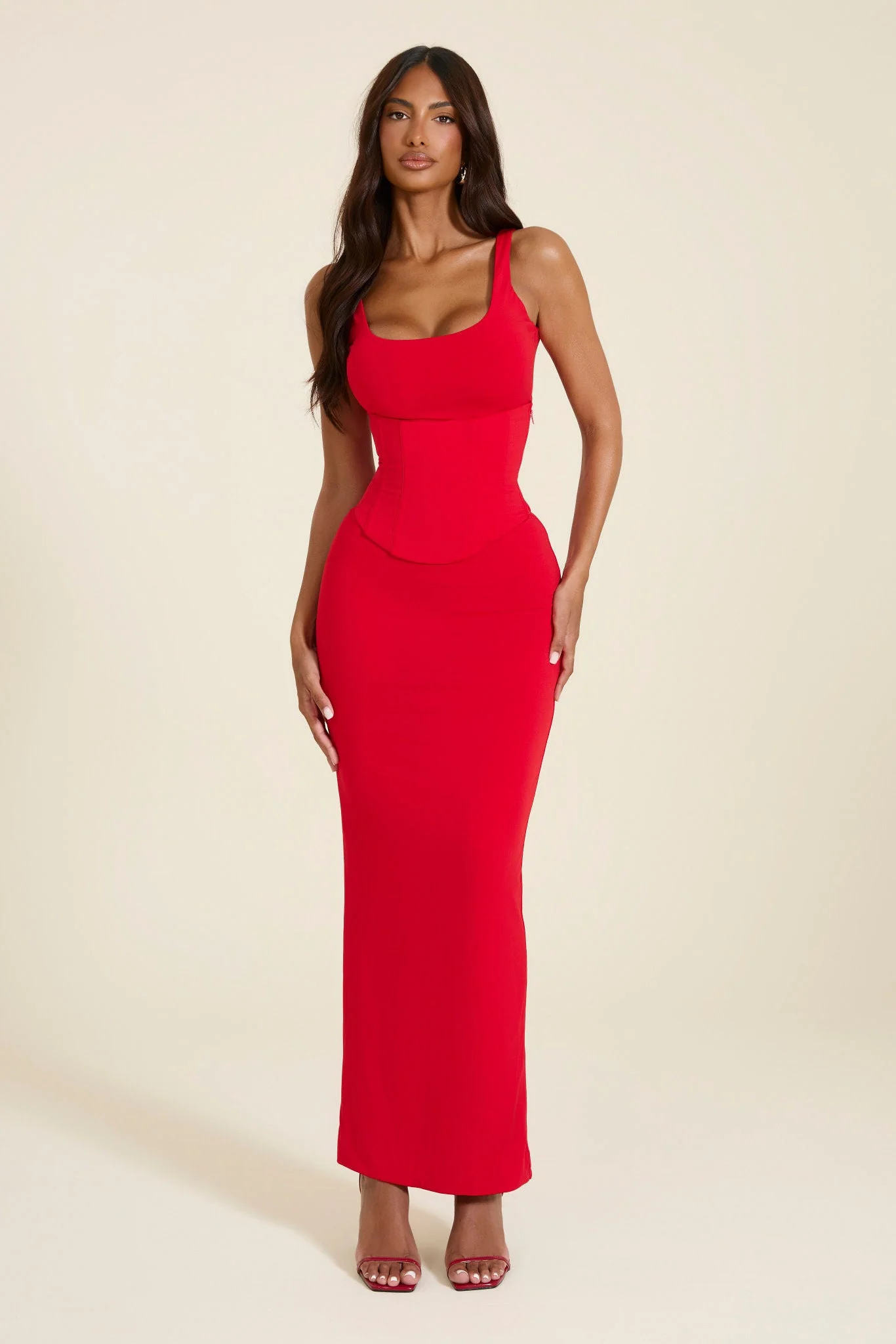 The Sandra Scoop Corset Maxi Dress in Bright Red - Image 2