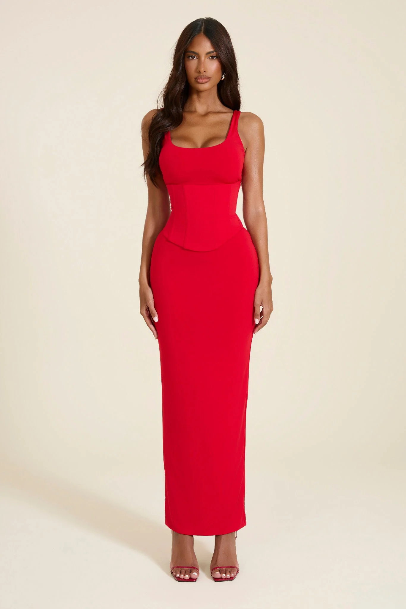 The Sandra Scoop Corset Maxi Dress in Bright Red - Image 3