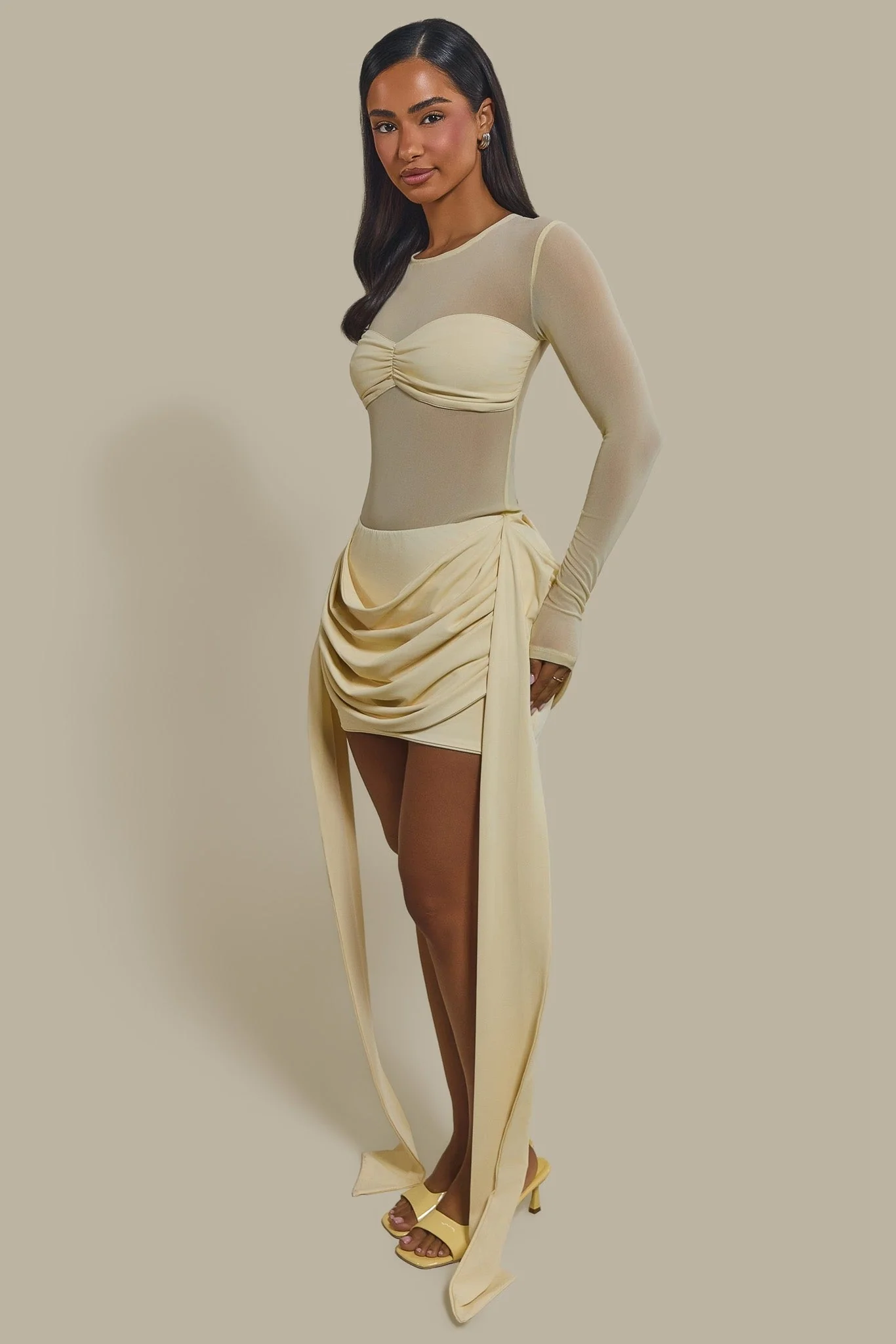 The Yara Long Sleeve Mesh Bodysuit in Butter Yellow - Image 12